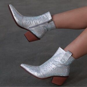 ISNOM Rhinestone Cowboy Boots Sparkly Ankle Boots with Pointed Toe and C…